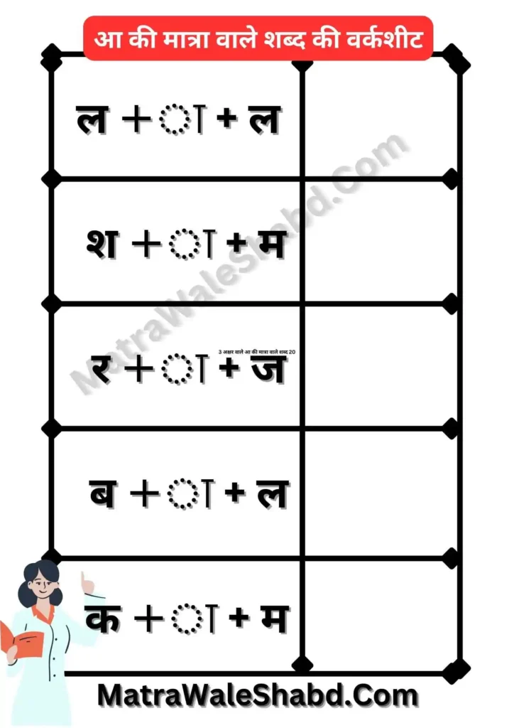 आ की मात्रा वाले शब्द २० अभ्यास 2