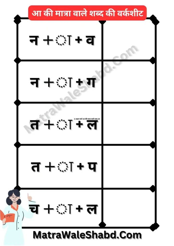 आ की मात्रा वाले शब्द २० अभ्यास
