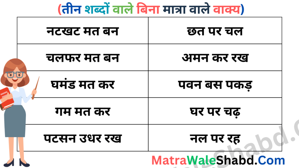 तीन शब्दों वाले बिना मात्रा वाले वाक्य