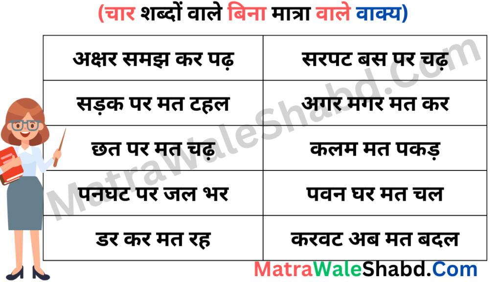 चार शब्दों वाले बिना मात्रा वाले वाक्य